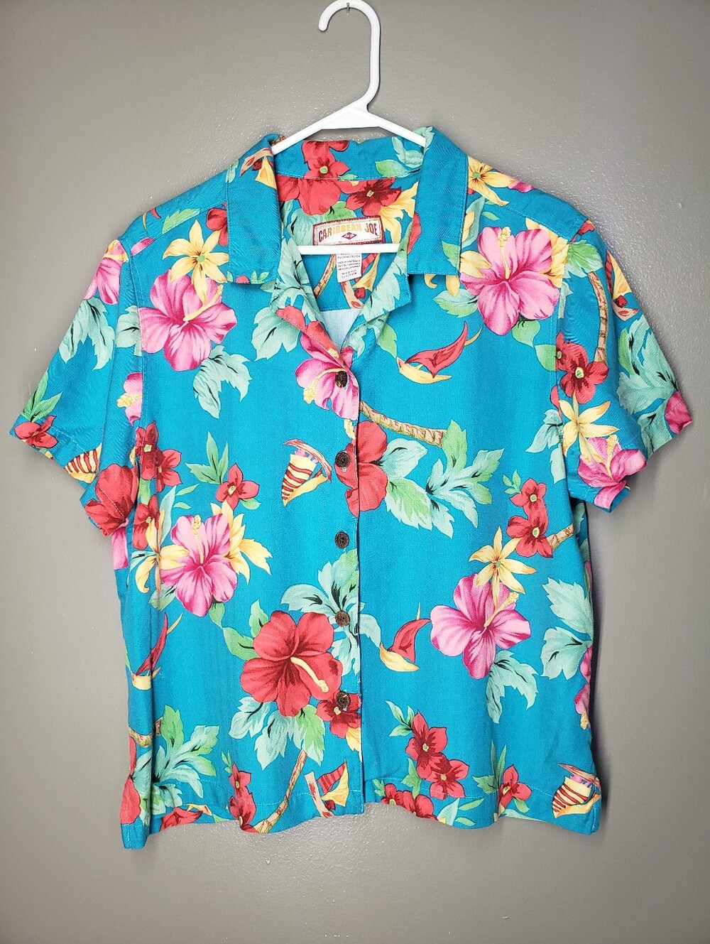 Caribbean Joe Womens Blue Tropical Floral Button Up Shirt Size XL